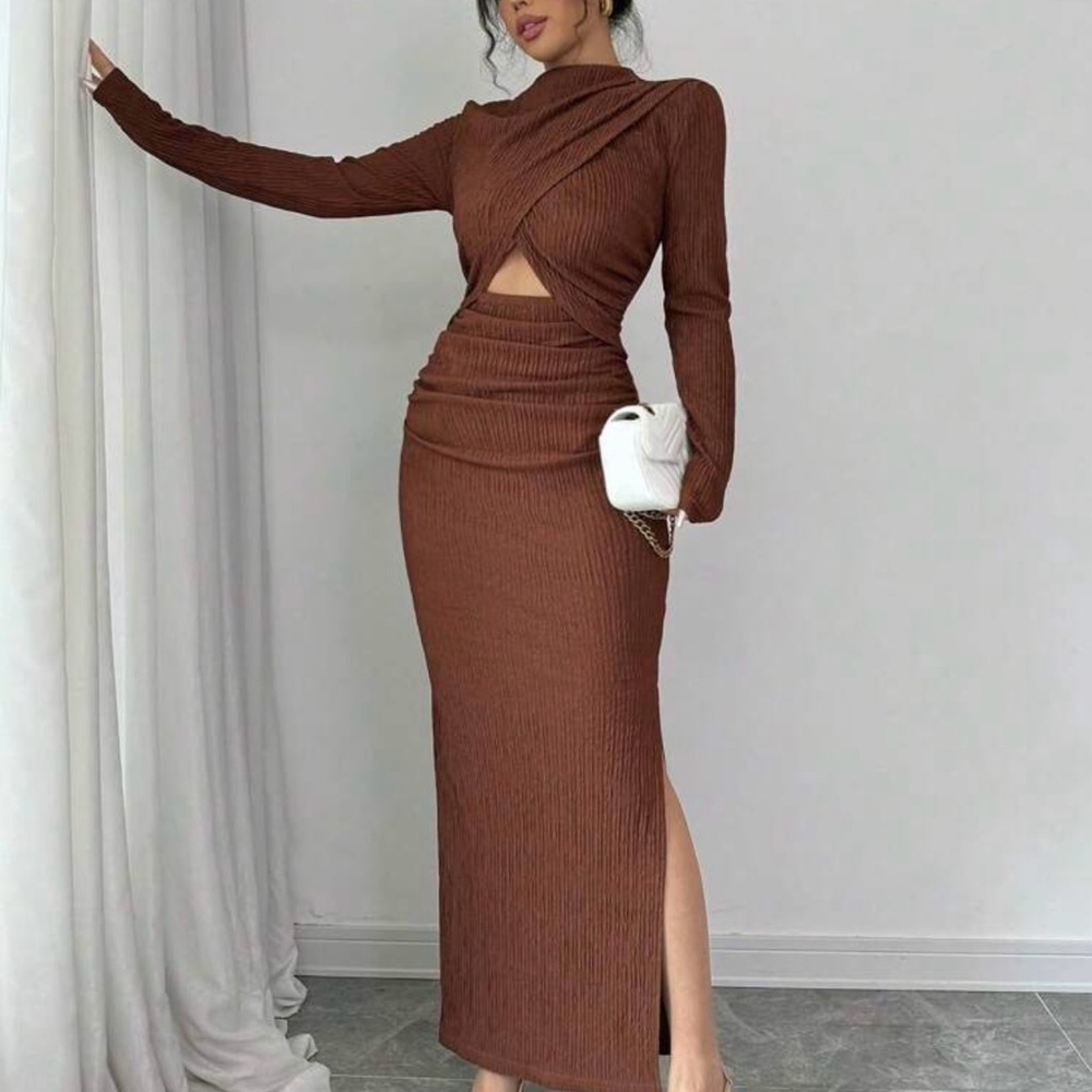Elegant Brown Long Sleeve Dress